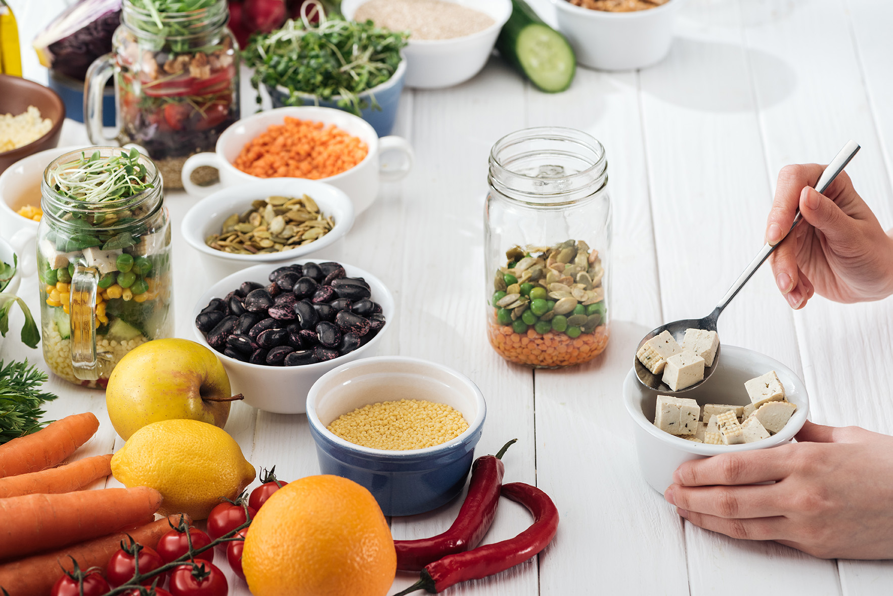 a table with various food items for nutrition